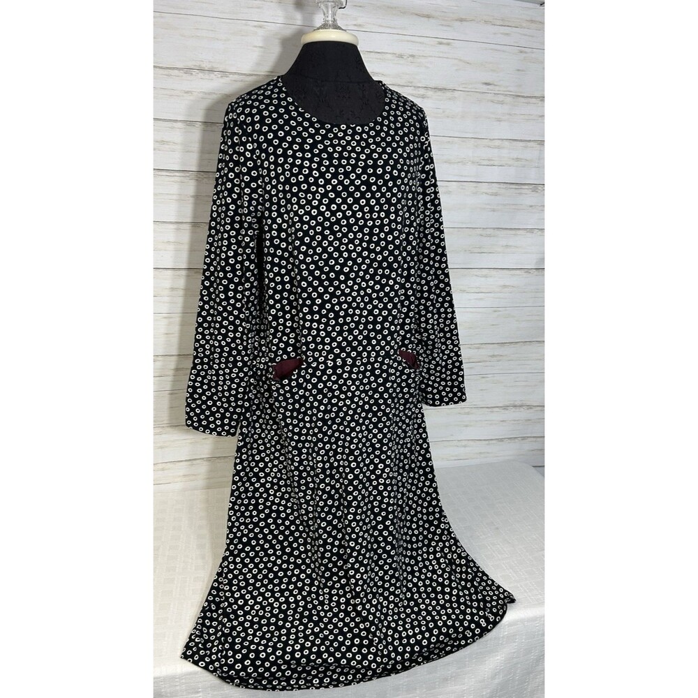 Gudrun Sjoden Black White Dot Burgundy Trim Long Sleeve Dress Size LARGE Womens